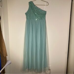 Elegant One-Shoulder Mint Green Sequin & Tulle Gown, Sz 2X, XXL